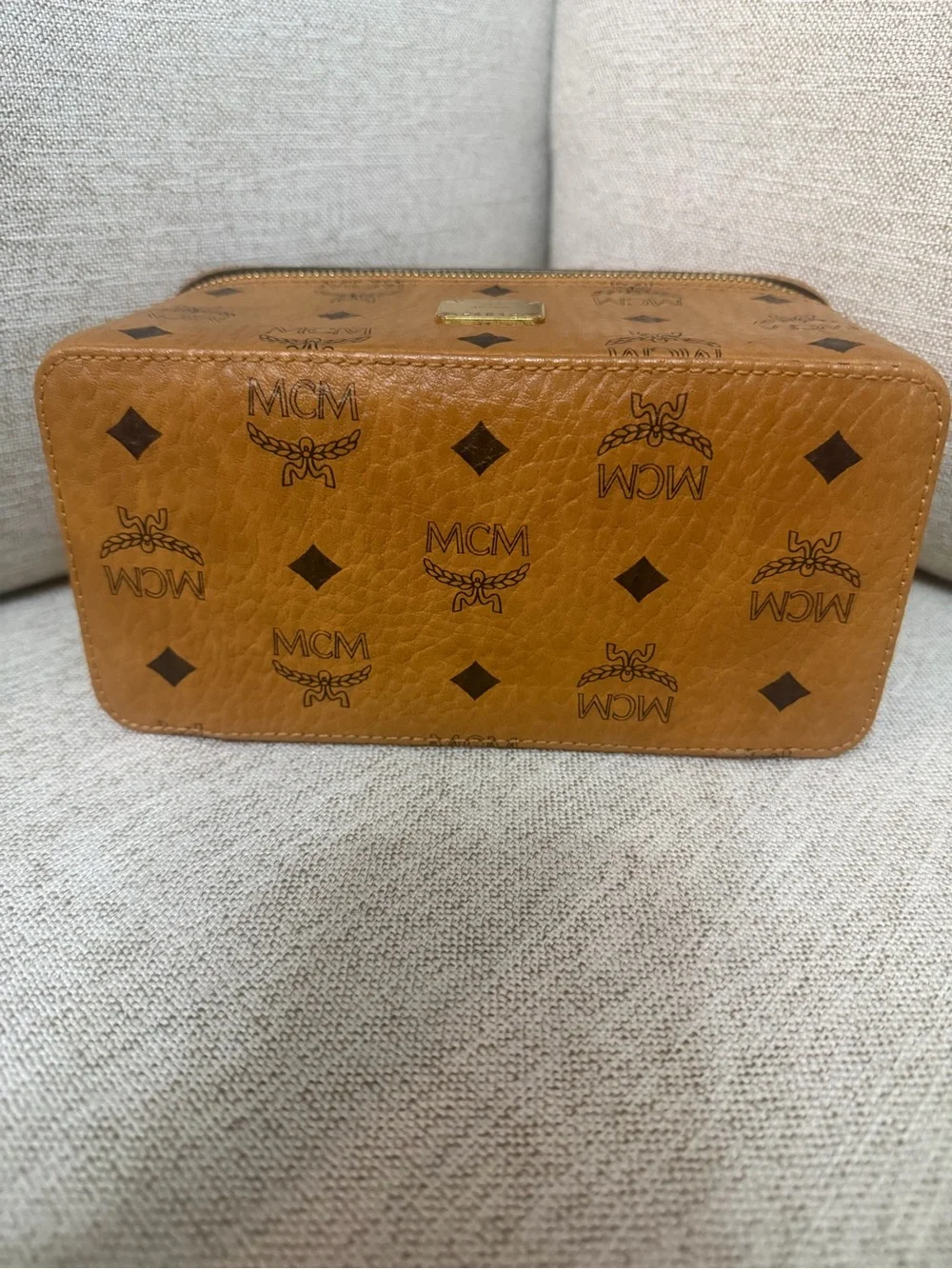 MCM Cognac Logo Visetos Leather Vanity Bag with Gold Hardware
